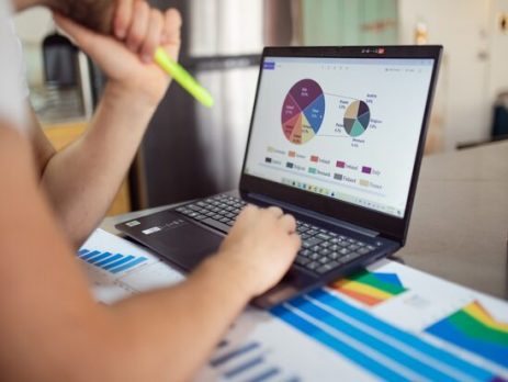 uma pessoa branca, que podemos visualizar apenas os braços, está segurando um marca-texto amarelo e visualizando, em um notebook preto, dois gráficos no formato pizza
